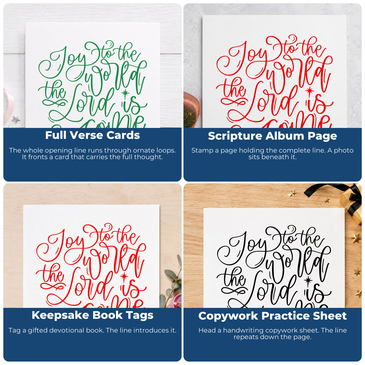Four ways to use the Pre-Inked Joy To The World The Lord Is Come Stamp – PSI: full verse cards, scripture album page, keepsake book tags and copywork practice sheet.