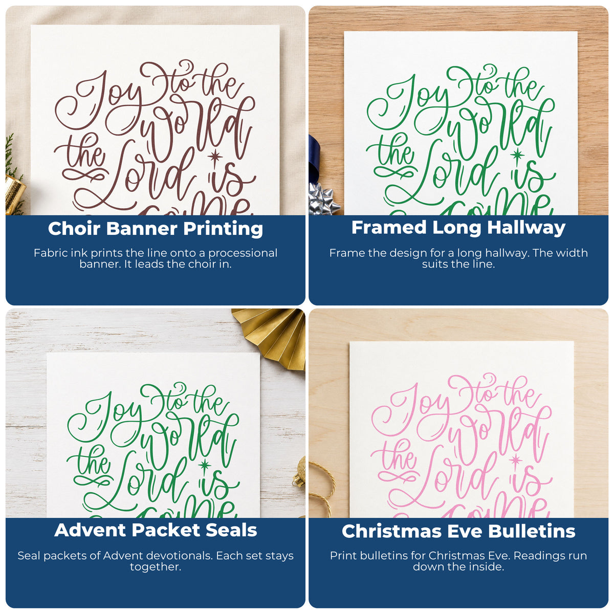 Four ways to use the Joy To The World The Lord Is Come Craft Stamp – Self-Inking: choir banner printing, framed long hallway, advent packet seals and christmas eve bulletins.