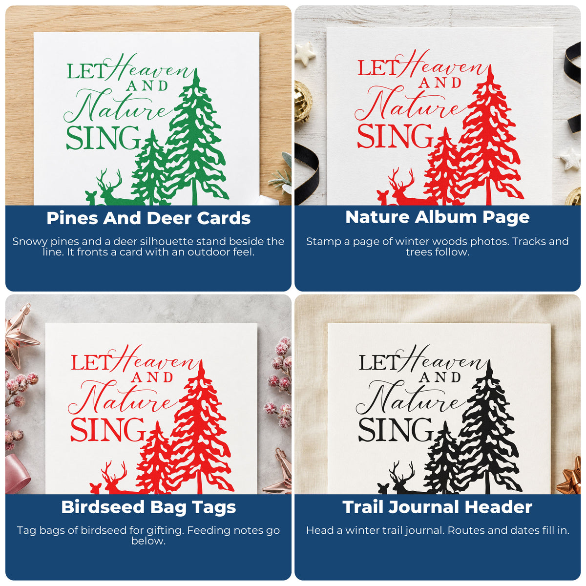 Four ways to use the Heaven Nature Sing Deer Pine Motif Stamp – Wood Handle: pines and deer cards, nature album page, birdseed bag tags and trail journal header.
