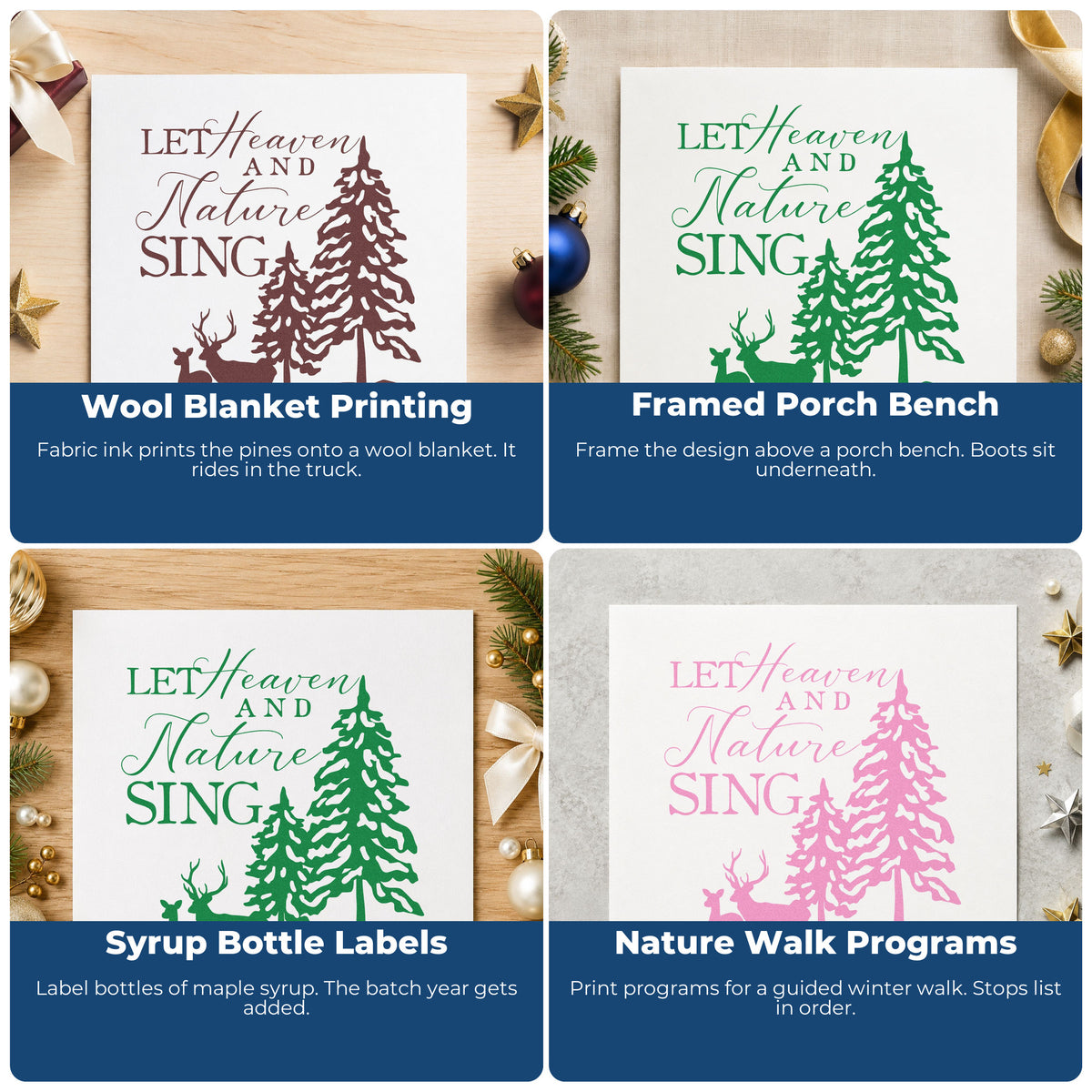 Four ways to use the Heaven Nature Sing Deer Pine Motif Compact Pre-Inked Stamp – Slim: wool blanket printing, framed porch bench, syrup bottle labels and nature walk programs.