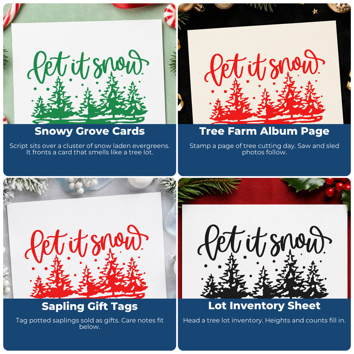 Four ways to use the Let It Snow Pine Forest Slim Pre-Inked Stamp: snowy grove cards, tree farm album page, sapling gift tags and lot inventory sheet.