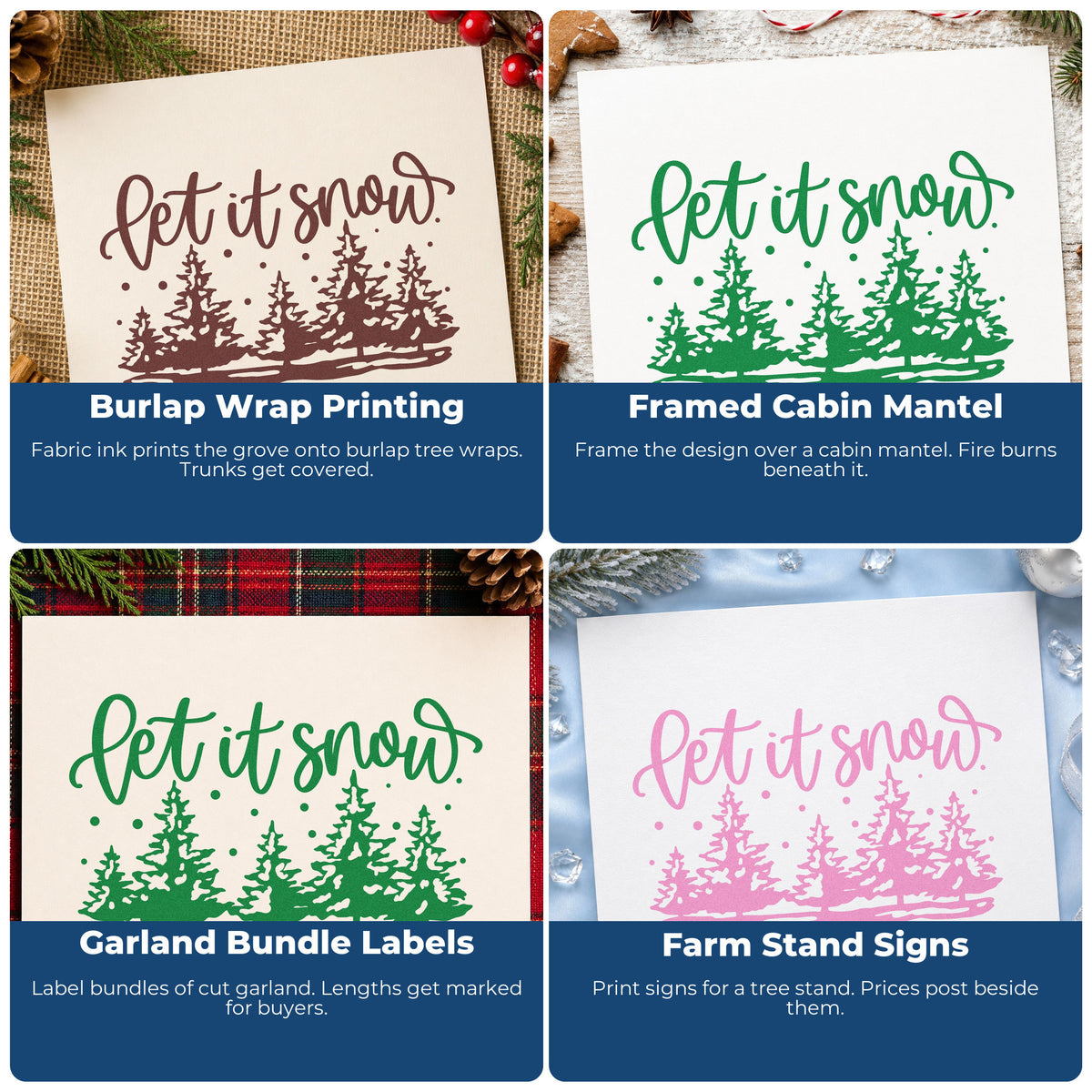 Four ways to use the Let It Snow Pine Forest Slim Pre-Inked Stamp: burlap wrap printing, framed cabin mantel, garland bundle labels and farm stand signs.