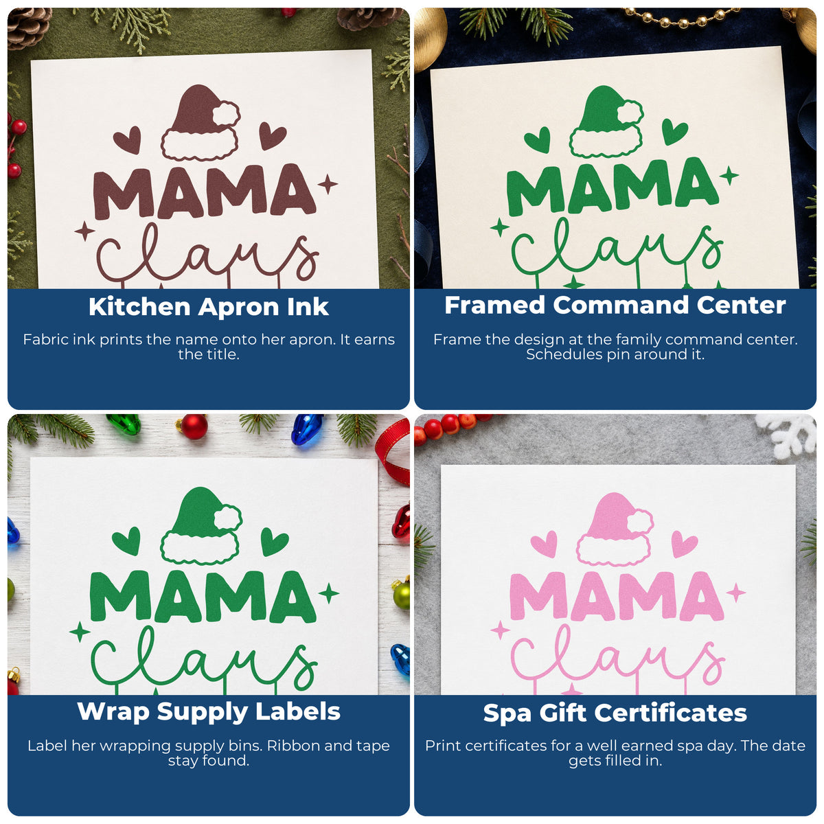 Four ways to use the Slim Pre-Inked Mama Claus Santa Hat Ornaments Stamp: kitchen apron ink, framed command center, wrap supply labels and spa gift certificates.