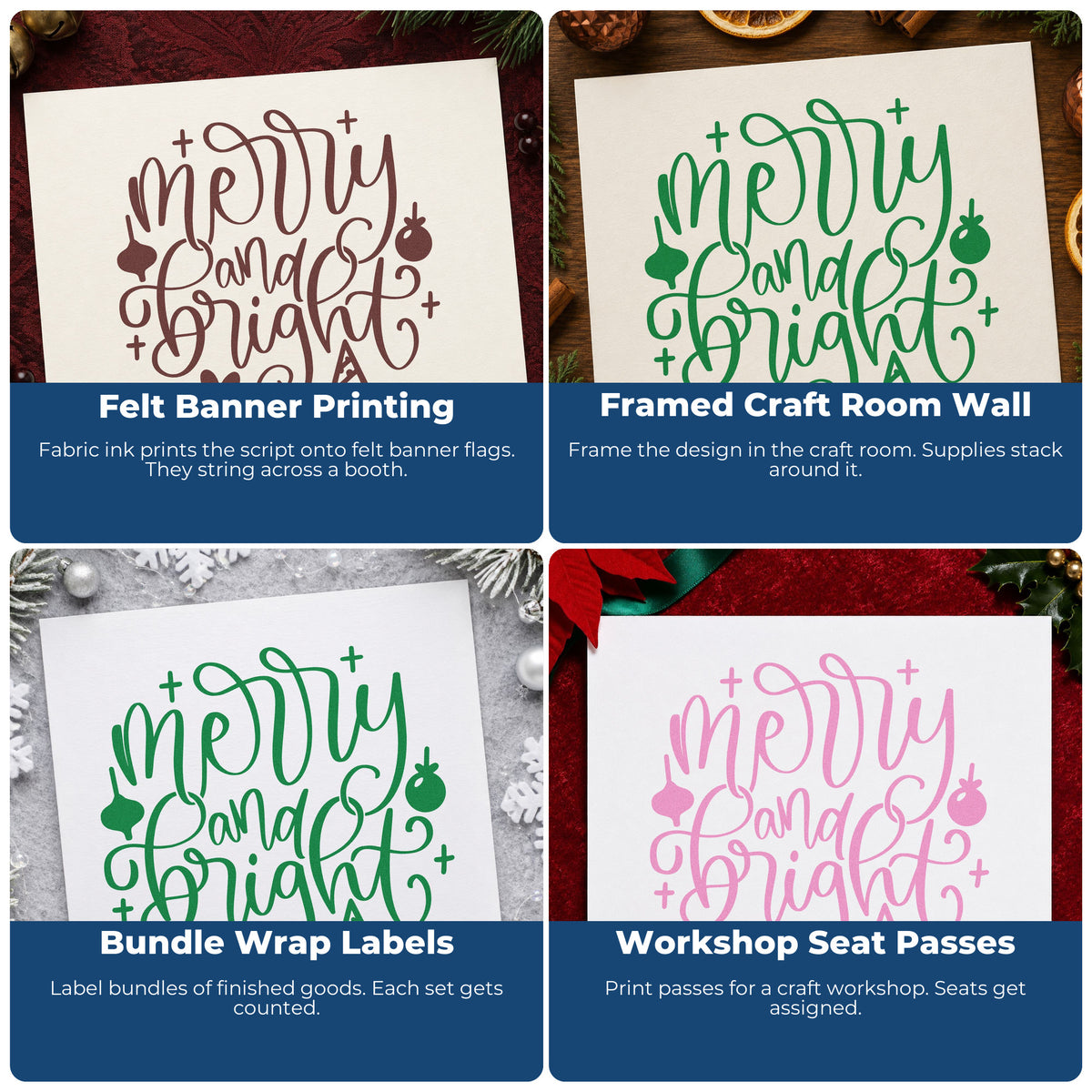 Four ways to use the Merry And Bright Ornaments Tree Motif Rubber Stamp – Wood Handle: felt banner printing, framed craft room wall, bundle wrap labels and workshop seat passes.