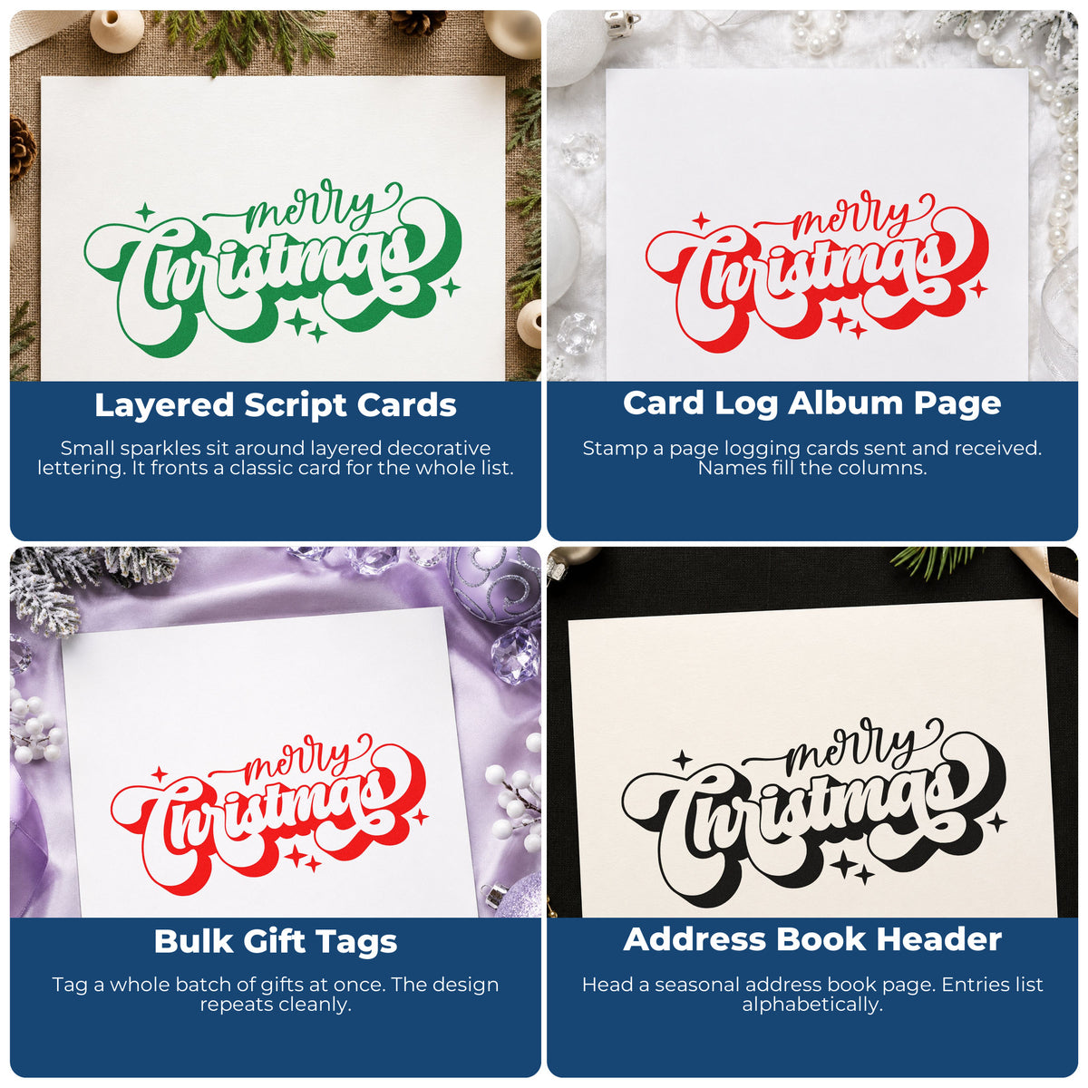 Four ways to use the Merry Christmas Shadow Script Stamp – Self-Inking: layered script cards, card log album page, bulk gift tags and address book header.