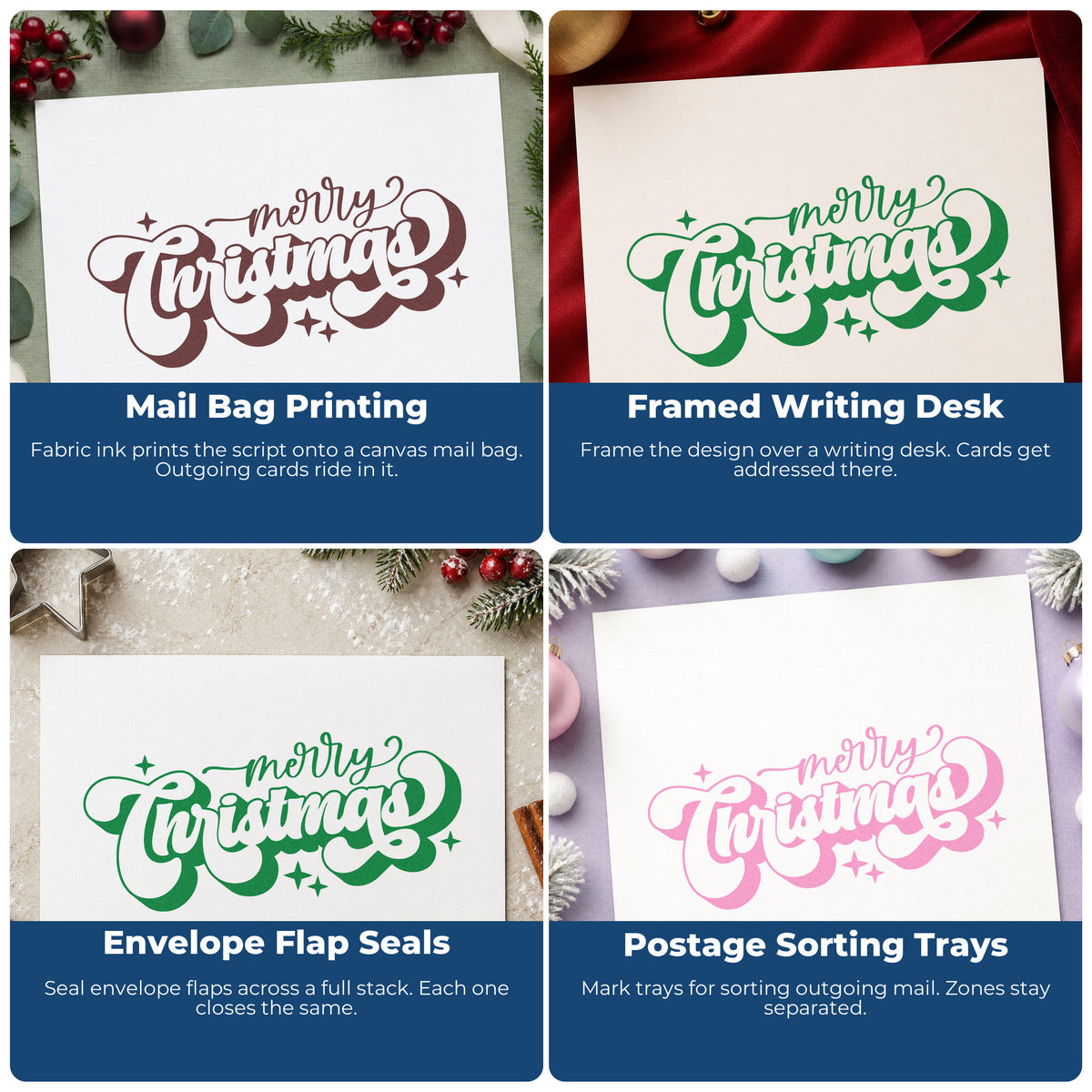 Four ways to use the Merry Christmas Shadow Script Rubber Stamp – Duo Hand: mail bag printing, framed writing desk, envelope flap seals and postage sorting trays.