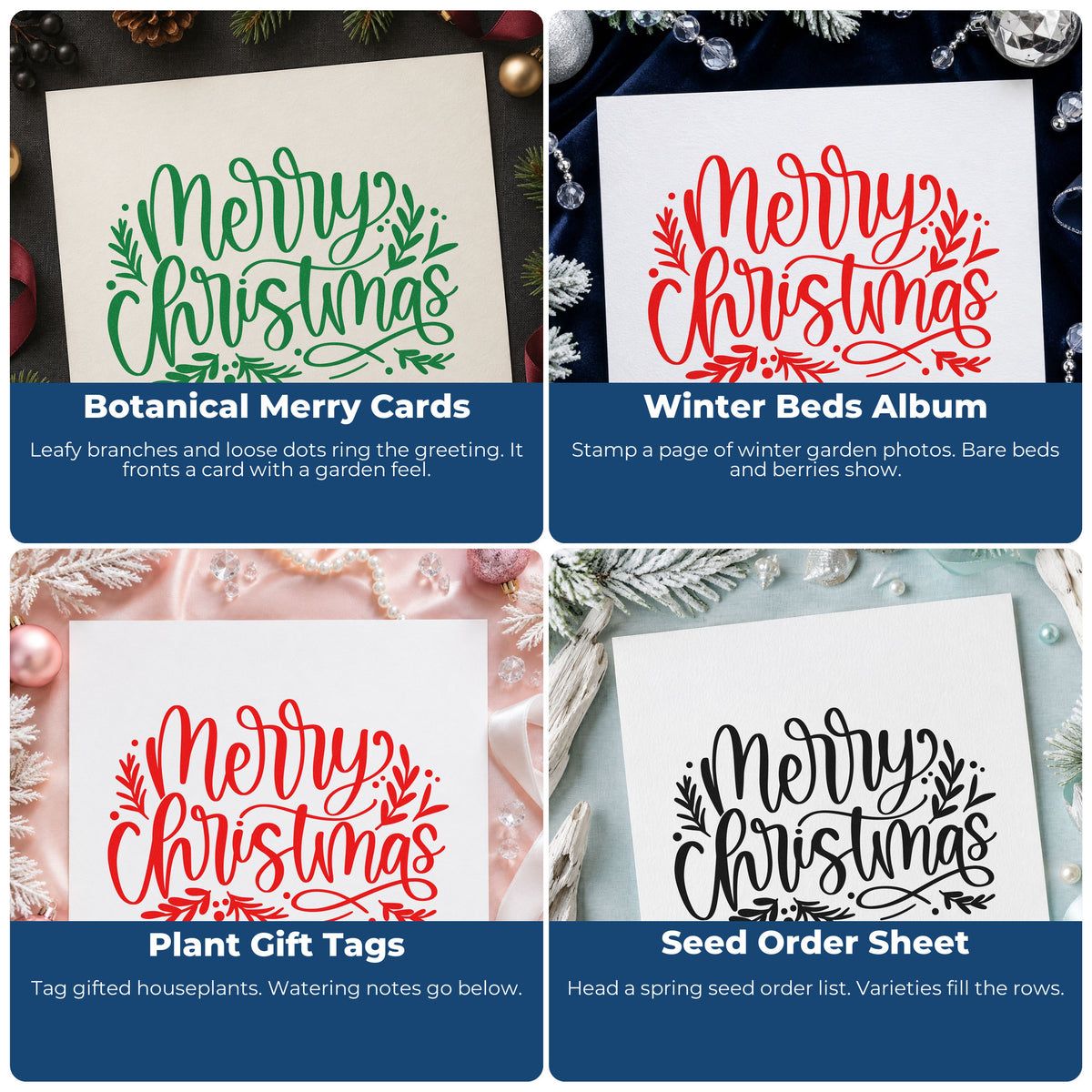 Four ways to use the Merry Christmas Leaf Flourishes PSI Pre-Inked Stamp: botanical merry cards, winter beds album, plant gift tags and seed order sheet.