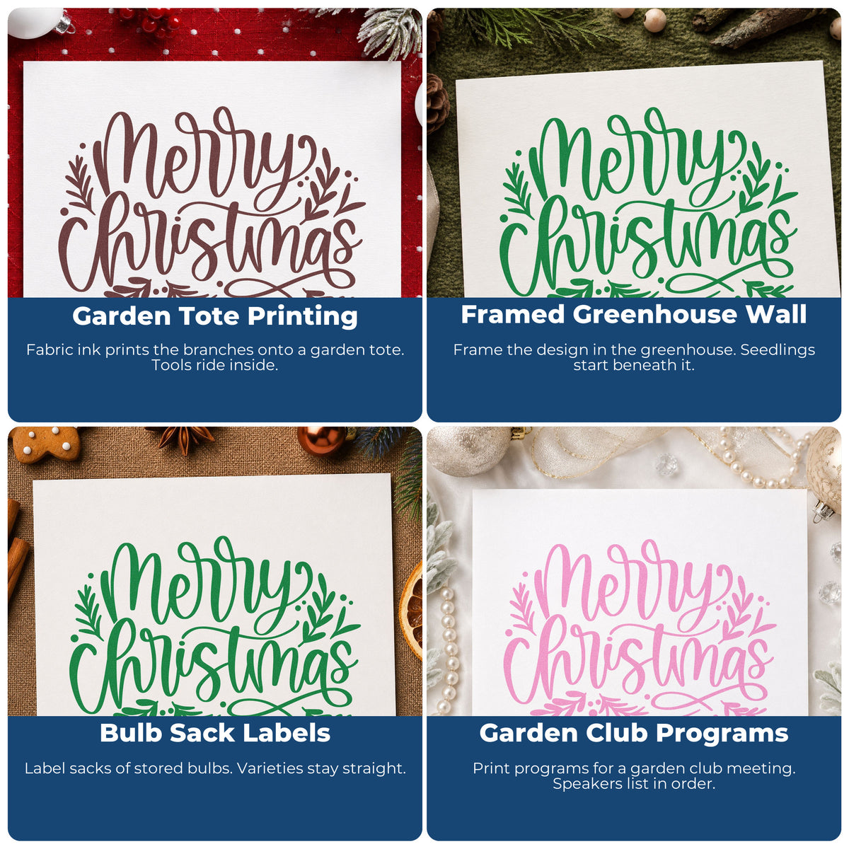 Four ways to use the Merry Christmas Leaf Flourishes Premium Wooden Stamp - Vintage Pro: garden tote printing, framed greenhouse wall, bulb sack labels and garden club programs.