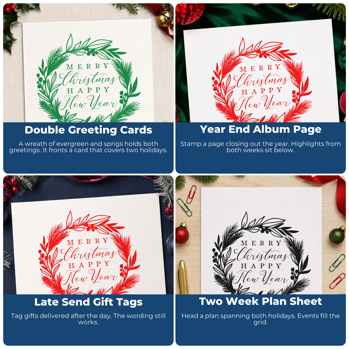 Four ways to use the Christmas New Year Botanical Wreath Self-Inking Stamp: double greeting cards, year end album page, late send gift tags and two week plan sheet.