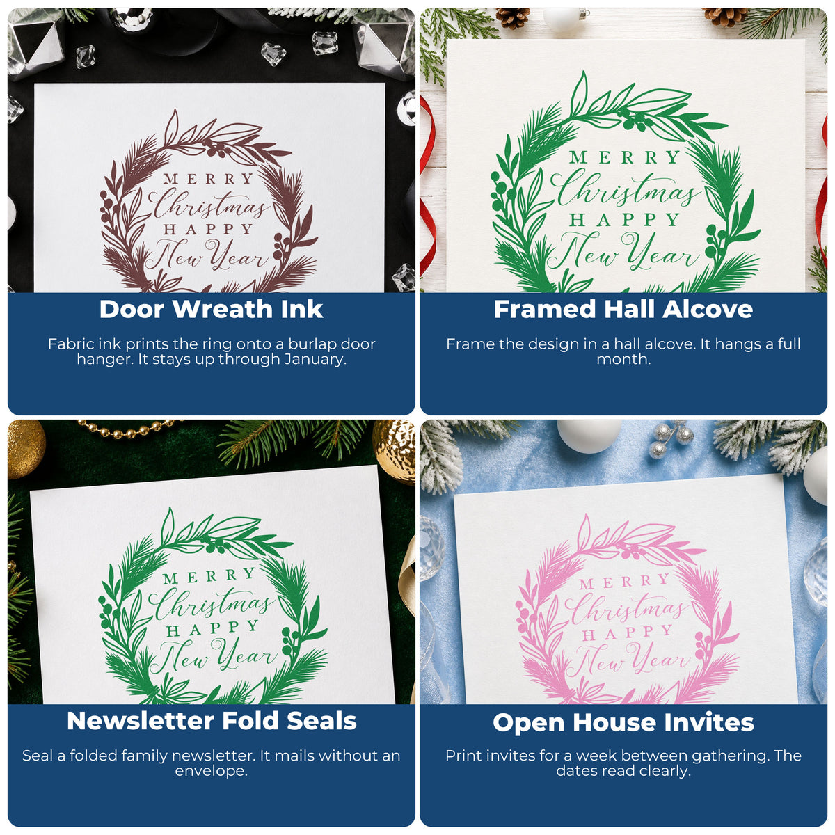 Four ways to use the Premium Wooden Christmas New Year Botanical Wreath Stamp - Vintage Pro: door wreath ink, framed hall alcove, newsletter fold seals and open house invites.