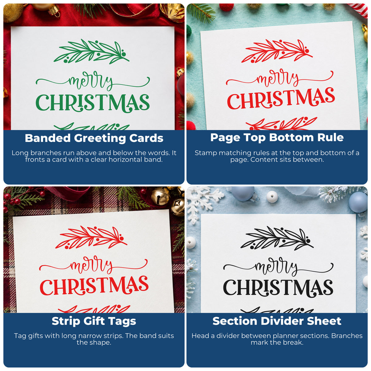 Four ways to use the Merry Christmas Between Branches Hand Stamp – Duo: banded greeting cards, page top bottom rule, strip gift tags and section divider sheet.
