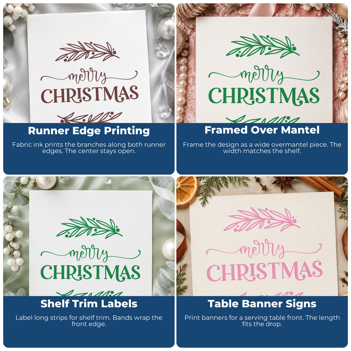 Four ways to use the Merry Christmas Between Branches Hand Stamp – Duo: runner edge printing, framed over mantel, shelf trim labels and table banner signs.