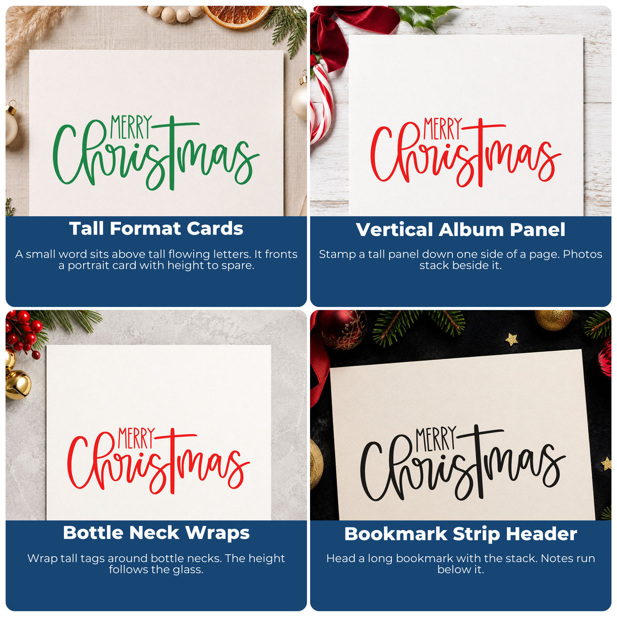 Four ways to use the Merry Christmas Narrow Script Self-Inking Stamp: tall format cards, vertical album panel, bottle neck wraps and bookmark strip header.