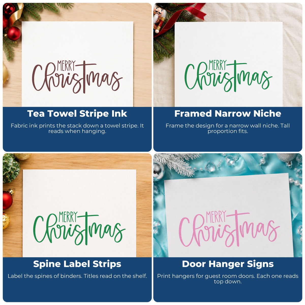 Four ways to use the Merry Christmas Narrow Script Stamp – Wood Handle: tea towel stripe ink, framed narrow niche, spine label strips and door hanger signs.