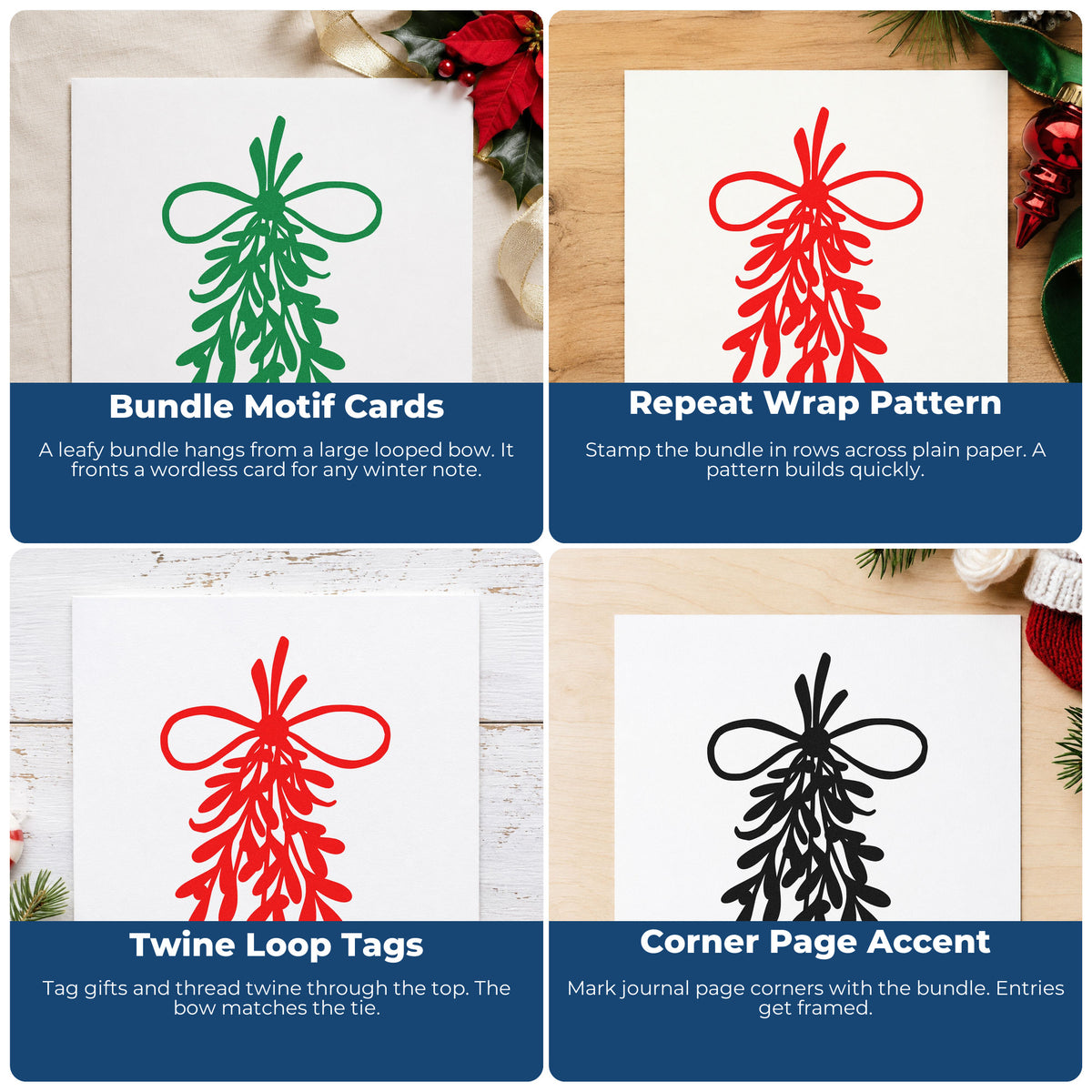 Four ways to use the Mistletoe Bundle With Bow Rubber Stamp – Wood Handle: bundle motif cards, repeat wrap pattern, twine loop tags and corner page accent.
