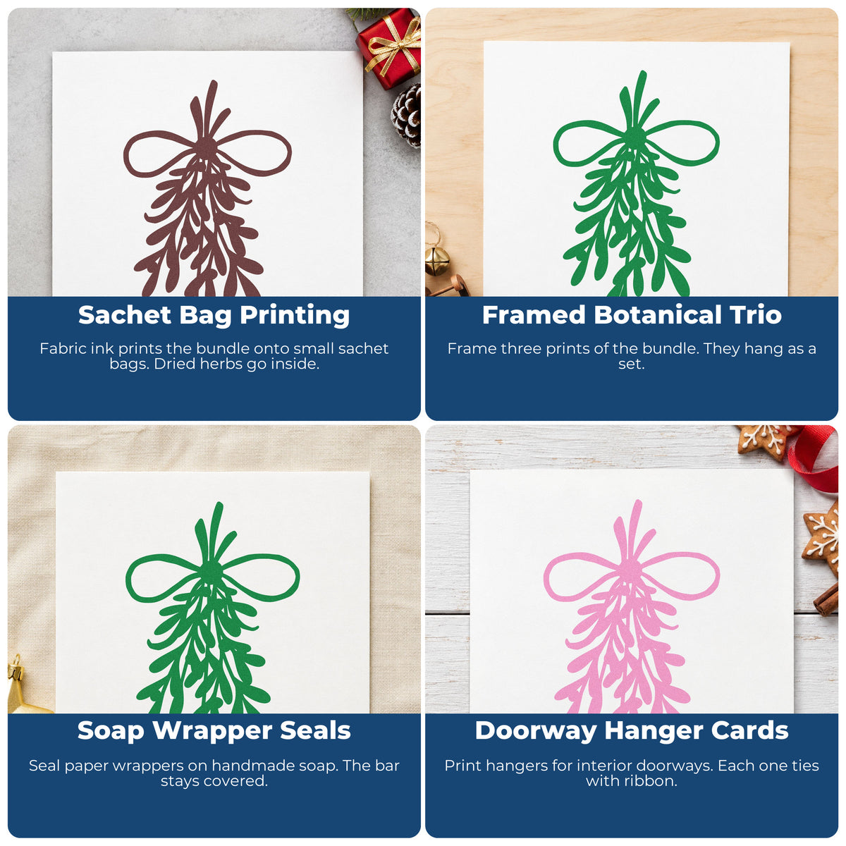 Four ways to use the Mistletoe Bundle With Bow Duo Hand Stamp: sachet bag printing, framed botanical trio, soap wrapper seals and doorway hanger cards.