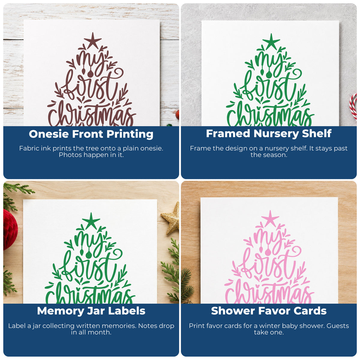 Four ways to use the My First Christmas Tree Ornaments Premium Wooden Stamp - Vintage Pro: onesie front printing, framed nursery shelf, memory jar labels and shower favor cards.