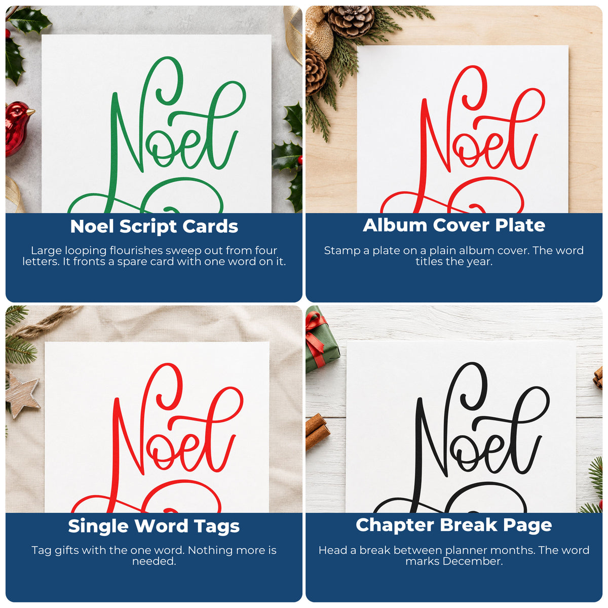 Four ways to use the Noel Flowing Script Pre-Inked Stamp – Slim: noel script cards, album cover plate, single word tags and chapter break page.