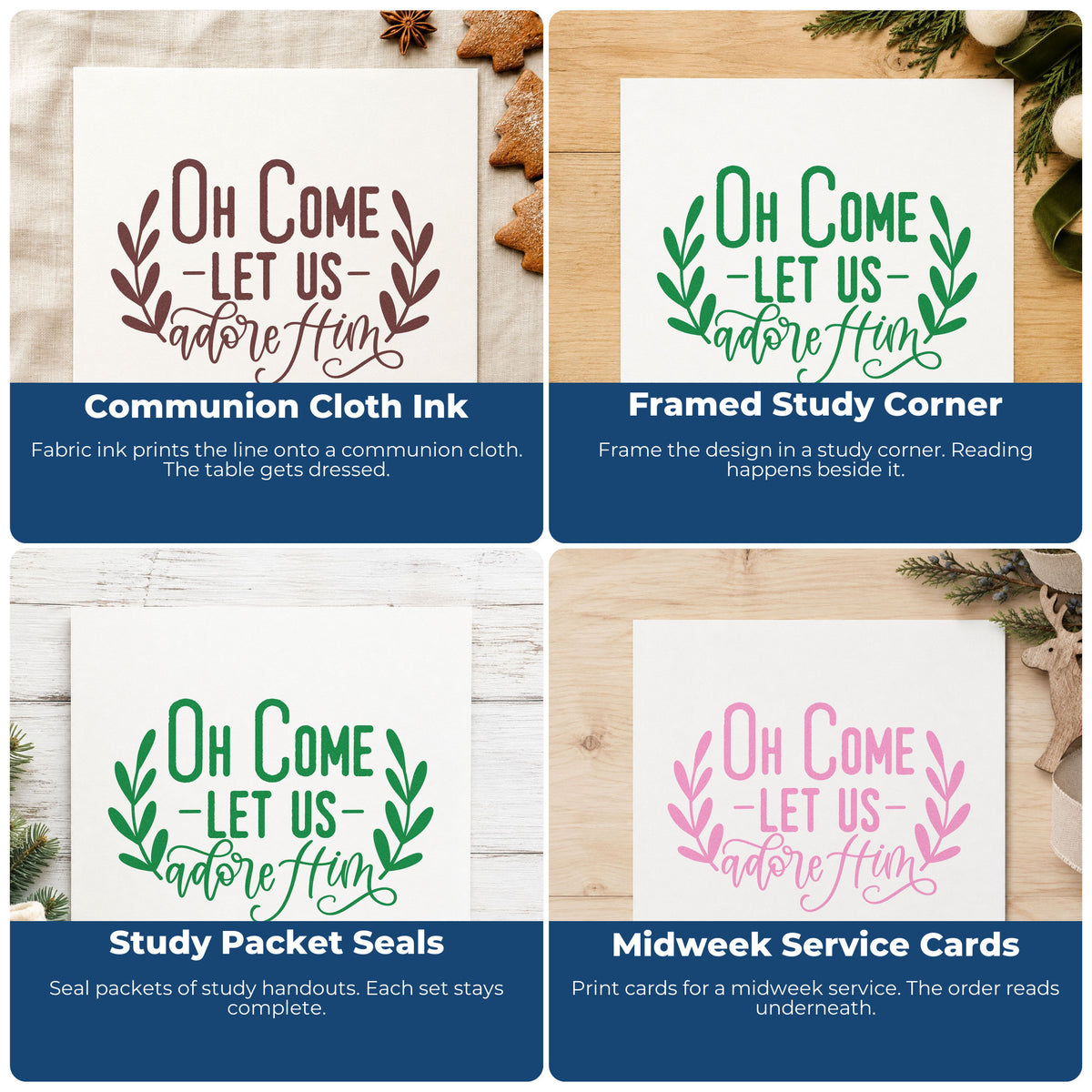 Four ways to use the Self-Inking Oh Come Let Us Adore Him Leafy Branches Stamp: communion cloth ink, framed study corner, study packet seals and midweek service cards.