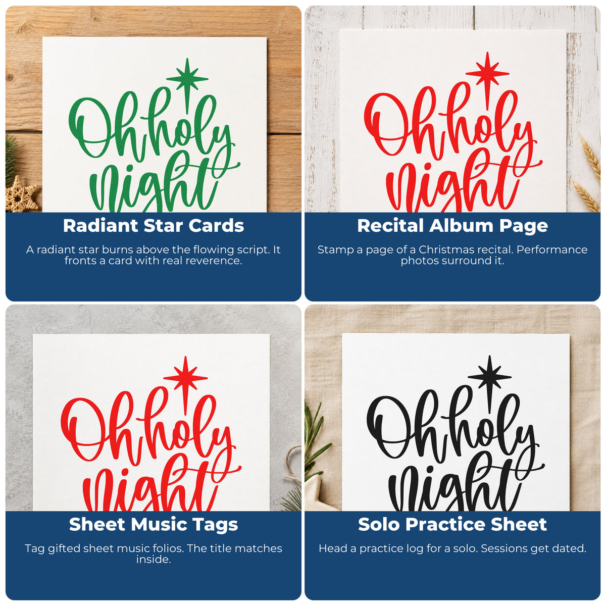 Four ways to use the Wood Handle Oh Holy Night Star Rubber Stamp: radiant star cards, recital album page, sheet music tags and solo practice sheet.