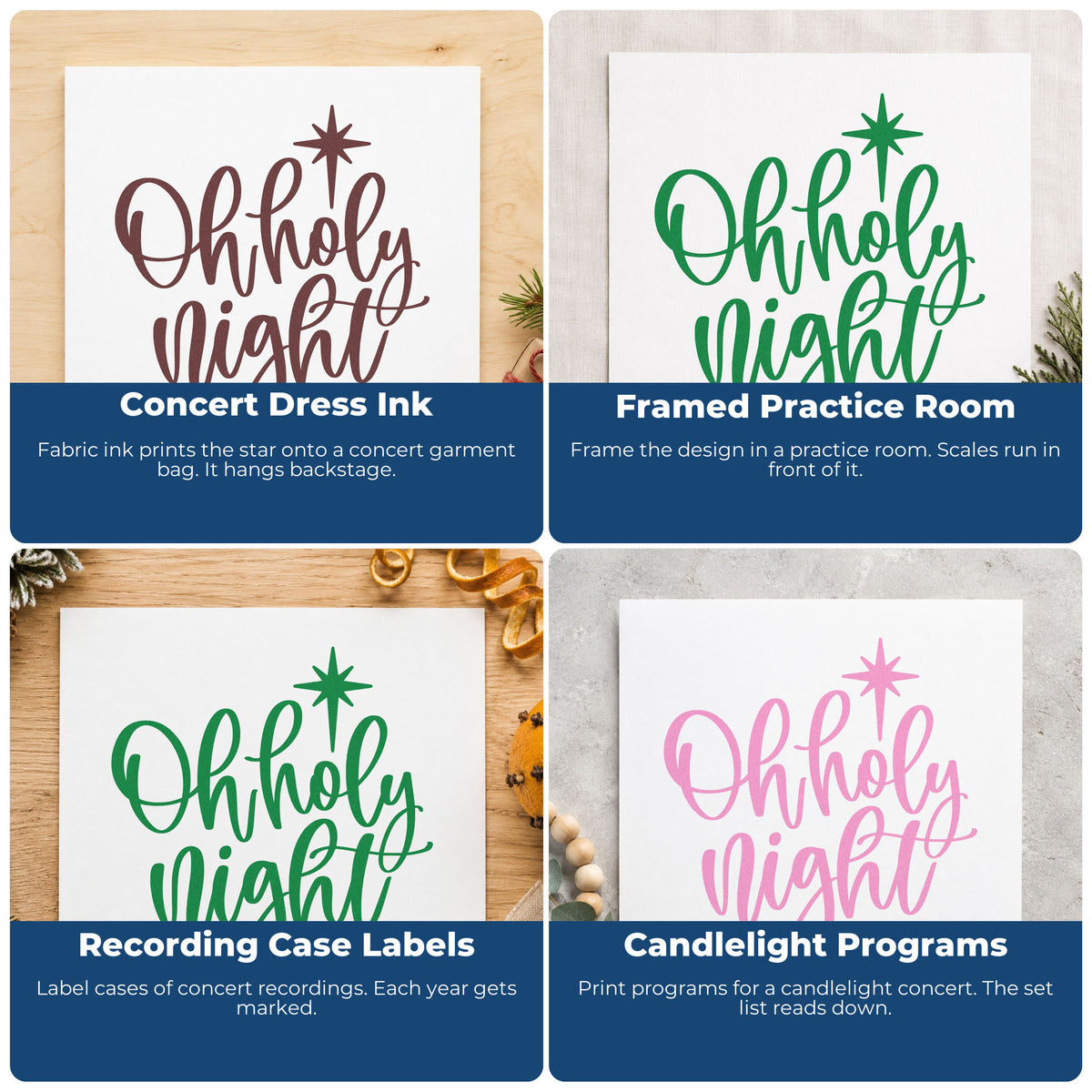 Four ways to use the Wood Handle Oh Holy Night Star Rubber Stamp: concert dress ink, framed practice room, recording case labels and candlelight programs.