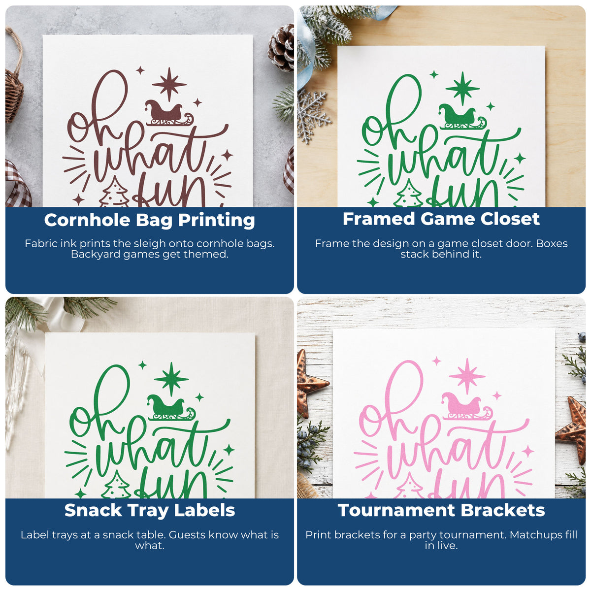 Four ways to use the Oh What Fun Sleigh Tree With Stars Wood Handle Stamp: cornhole bag printing, framed game closet, snack tray labels and tournament brackets.