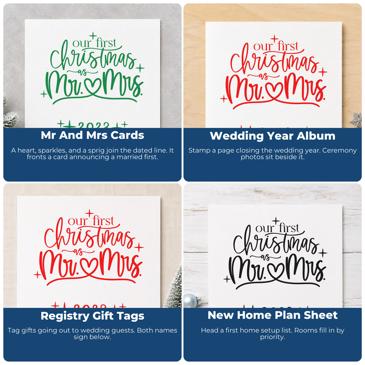 Four ways to use the Our First Christmas As Mr. & Mrs Rubber Stamp – Duo Hand: mr and mrs cards, wedding year album, registry gift tags and new home plan sheet.