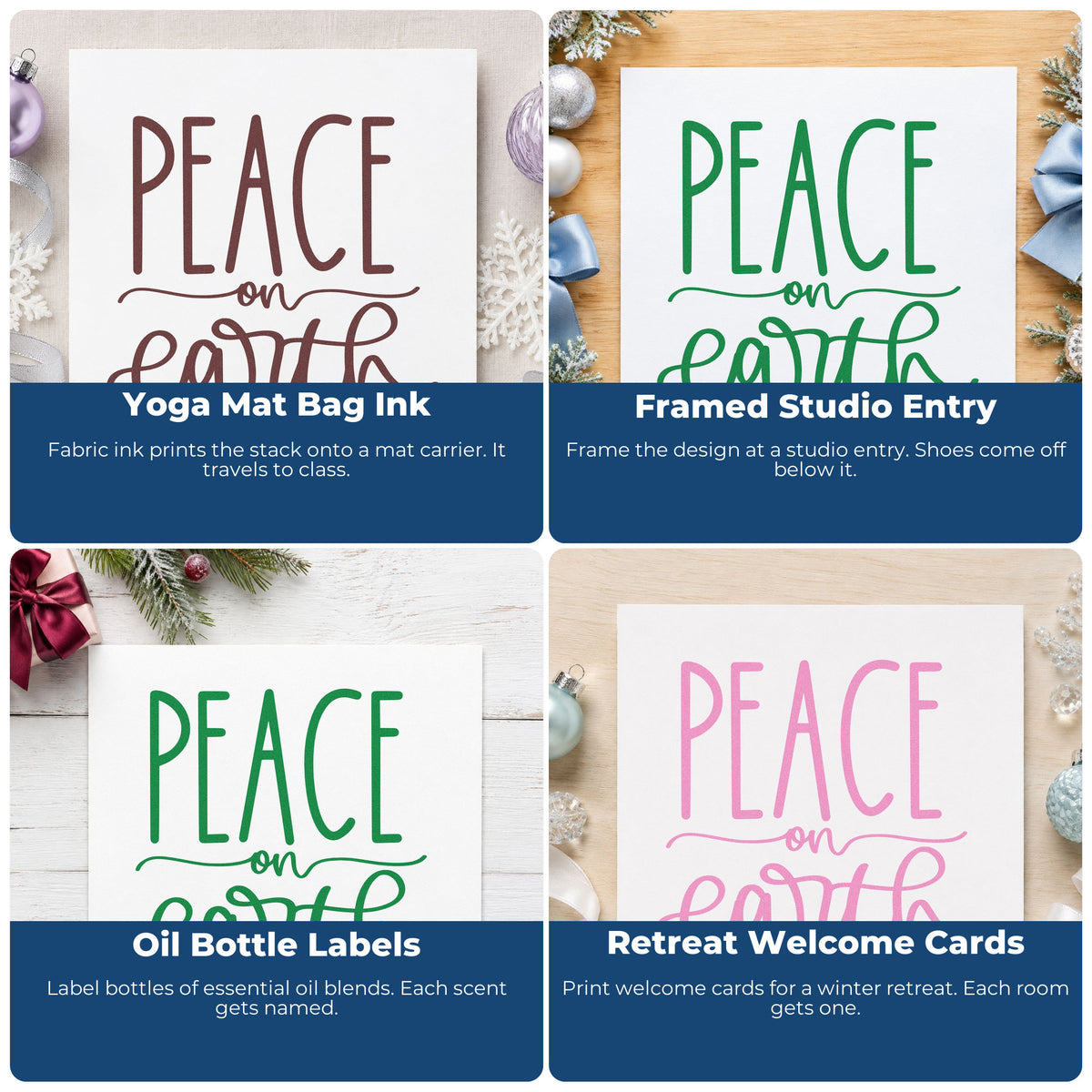 Four ways to use the Peace On Earth Script Hand Stamp – Duo: yoga mat bag ink, framed studio entry, oil bottle labels and retreat welcome cards.