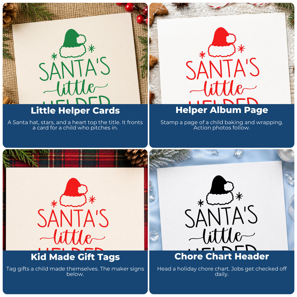 Four ways to use the Santa's Little Helper Hat PSI Pre-Inked Stamp: little helper cards, helper album page, kid made gift tags and chore chart header.
