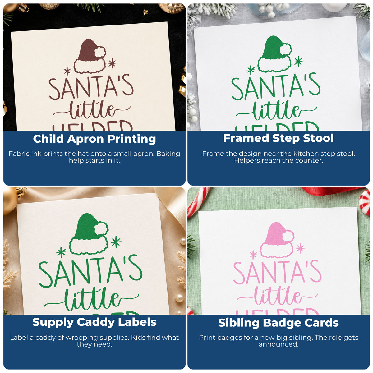 Four ways to use the Santa's Little Helper Hat Premium Wooden Stamp - Vintage Pro: child apron printing, framed step stool, supply caddy labels and sibling badge cards.