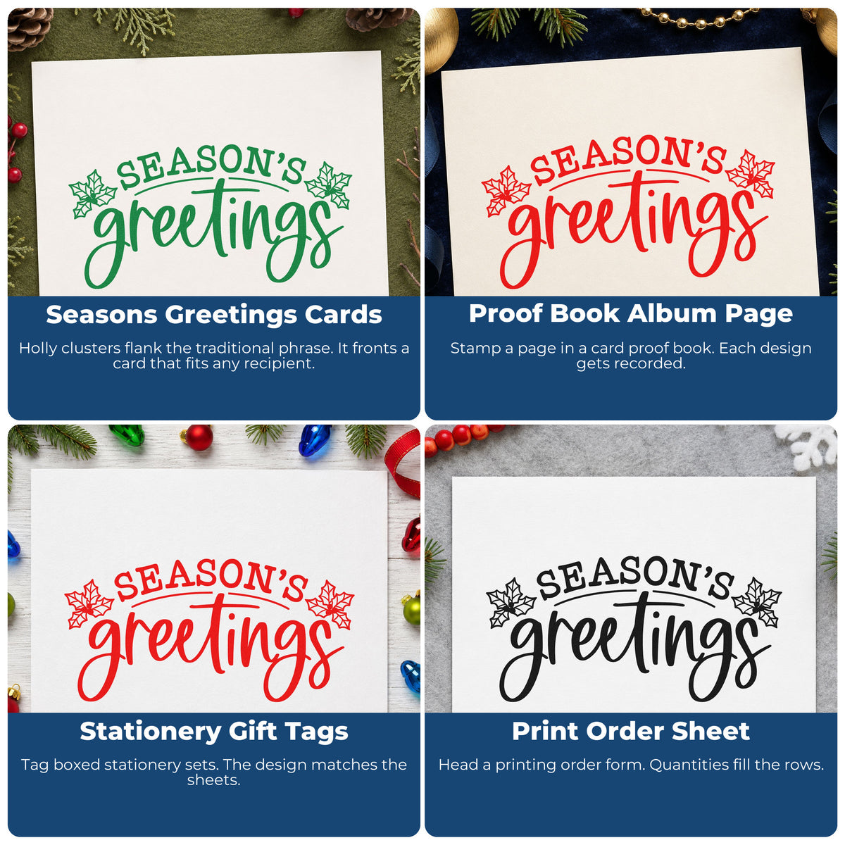 Four ways to use the Season's Greetings Holly Stamp – Duo Hand: seasons greetings cards, proof book album page, stationery gift tags and print order sheet.