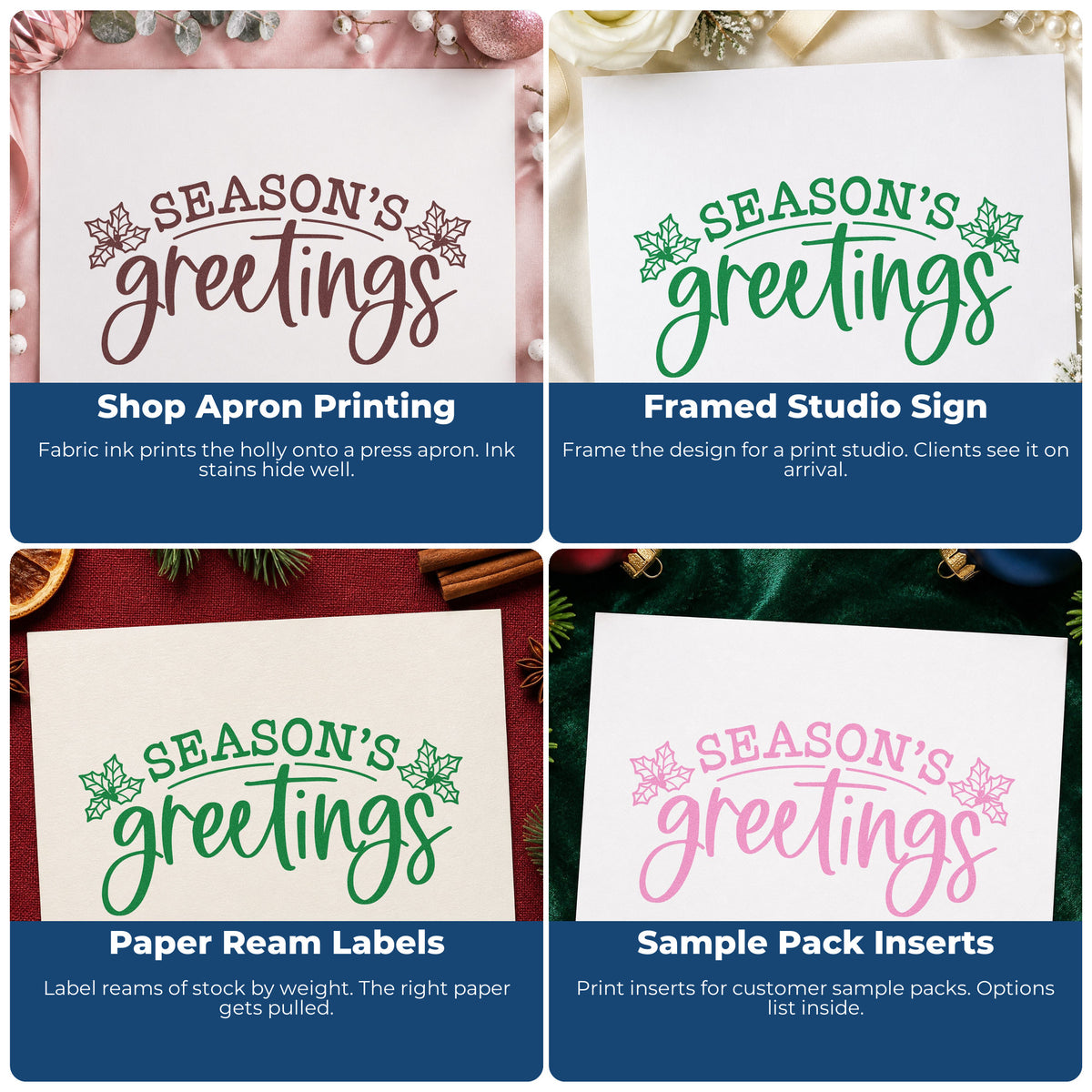 Four ways to use the Season's Greetings Holly Stamp – Duo Hand: shop apron printing, framed studio sign, paper ream labels and sample pack inserts.