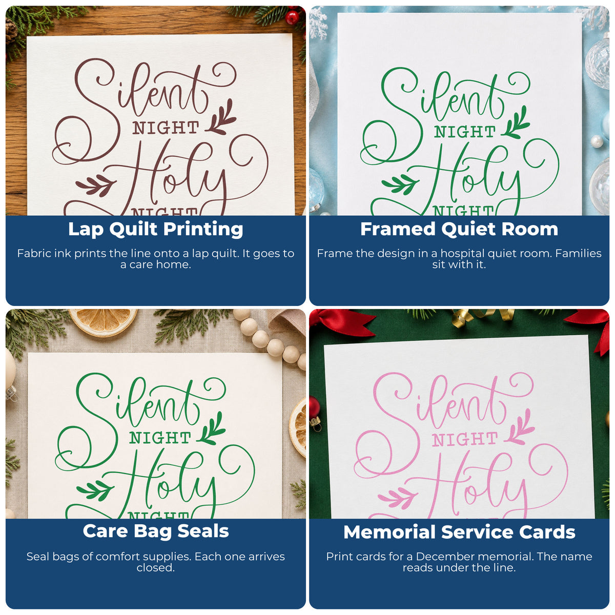 Four ways to use the Wood Handle Silent Night Holy Night Rubber Stamp: lap quilt printing, framed quiet room, care bag seals and memorial service cards.