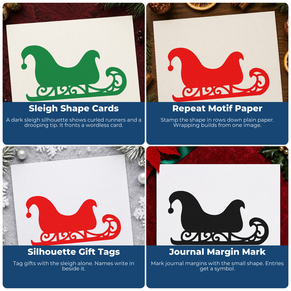 Four ways to use the Decorative Santa Sleigh Slim Pre-Inked Stamp: sleigh shape cards, repeat motif paper, silhouette gift tags and journal margin mark.