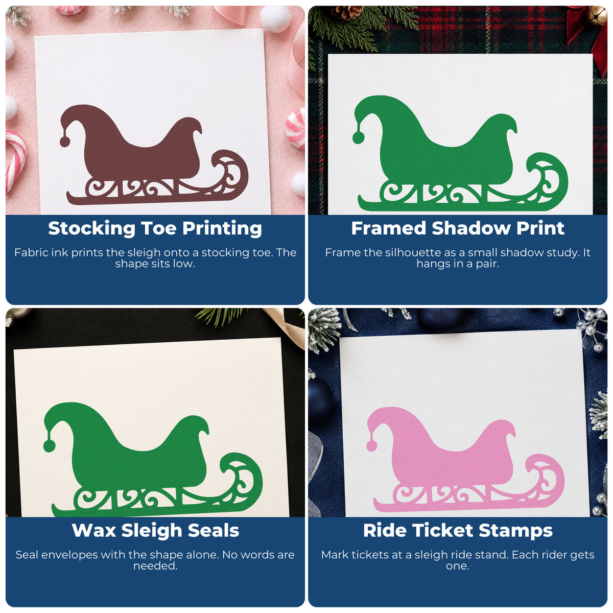 Four ways to use the Decorative Santa Sleigh Slim Pre-Inked Stamp: stocking toe printing, framed shadow print, wax sleigh seals and ride ticket stamps.