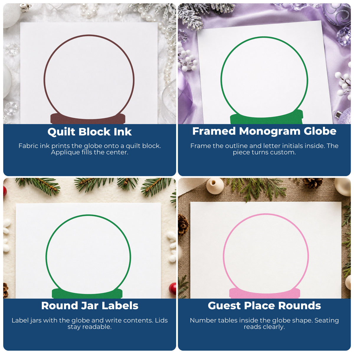 Four ways to use the Empty Snow Globe Outline PSI Pre-Inked Stamp: quilt block ink, framed monogram globe, round jar labels and guest place rounds.