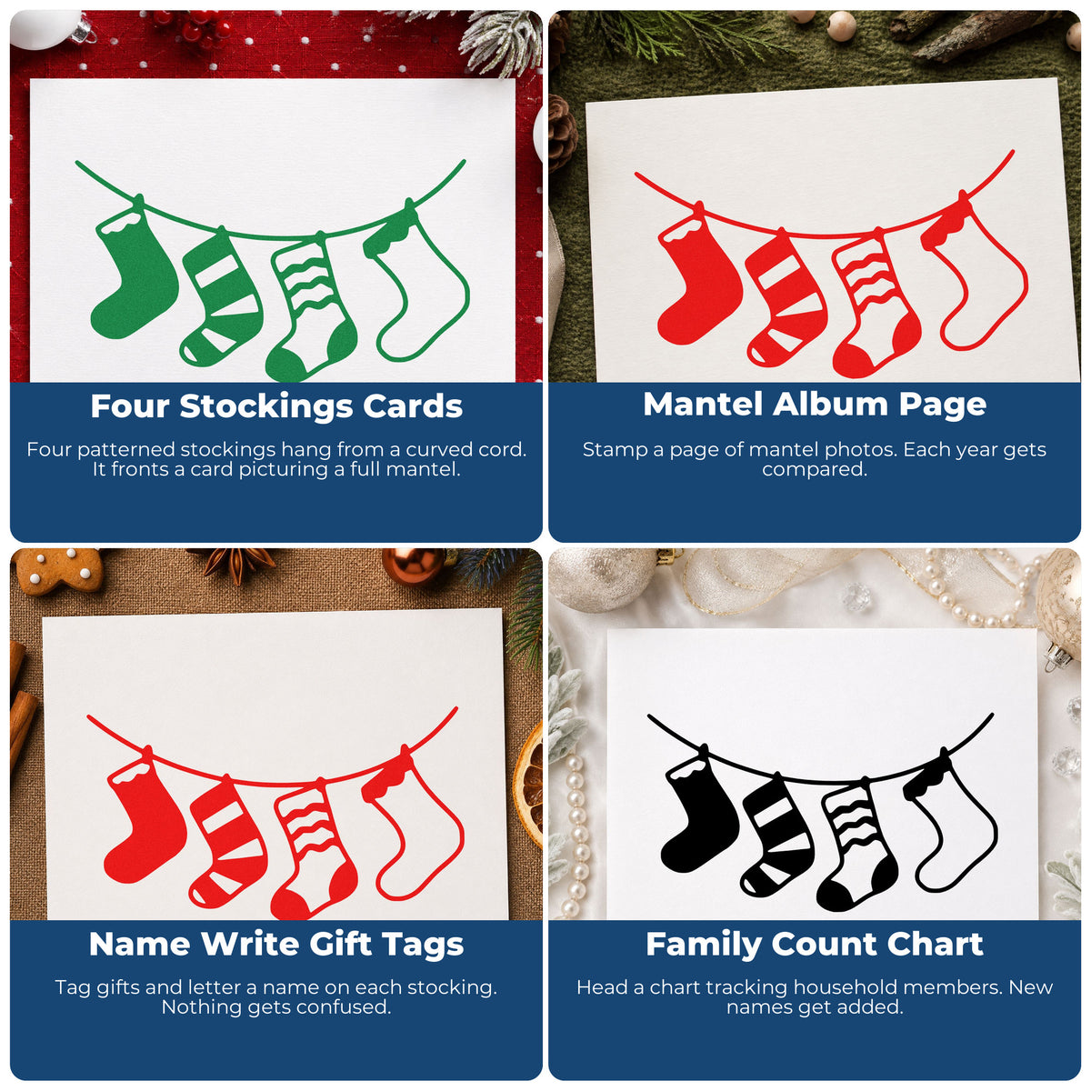 Four ways to use the Four Stockings On A String Hand Stamp – Duo: four stockings cards, mantel album page, name write gift tags and family count chart.