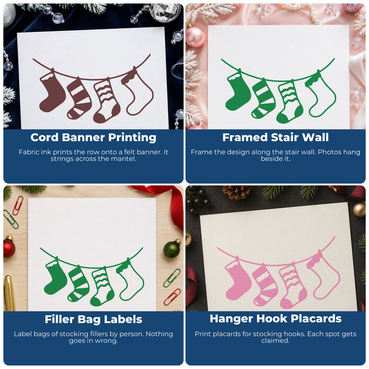 Four ways to use the Four Stockings On A String Hand Stamp – Duo: cord banner printing, framed stair wall, filler bag labels and hanger hook placards.