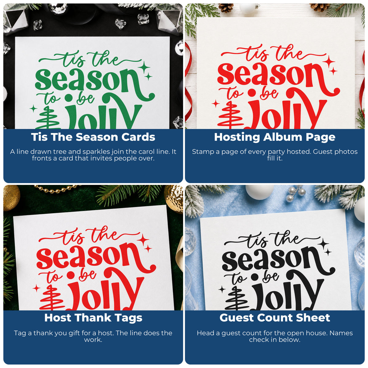 Four ways to use the Tis Season To Be Jolly Tree With Sparkles Self-Inking Stamp: tis the season cards, hosting album page, host thank tags and guest count sheet.