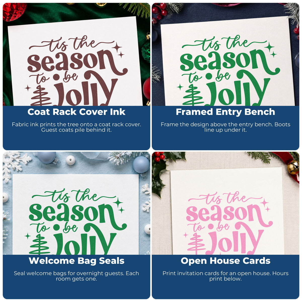 Four ways to use the Tis Season To Be Jolly Tree With Sparkles Stamp - Premium Vintage Pro Wooden: coat rack cover ink, framed entry bench, welcome bag seals and open house cards.