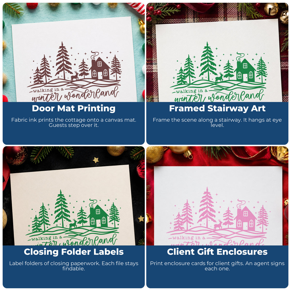 Four ways to use the Walking Winter Wonderland Cottage Rubber Stamp – Wood Handle: door mat printing, framed stairway art, closing folder labels and client gift enclosures.
