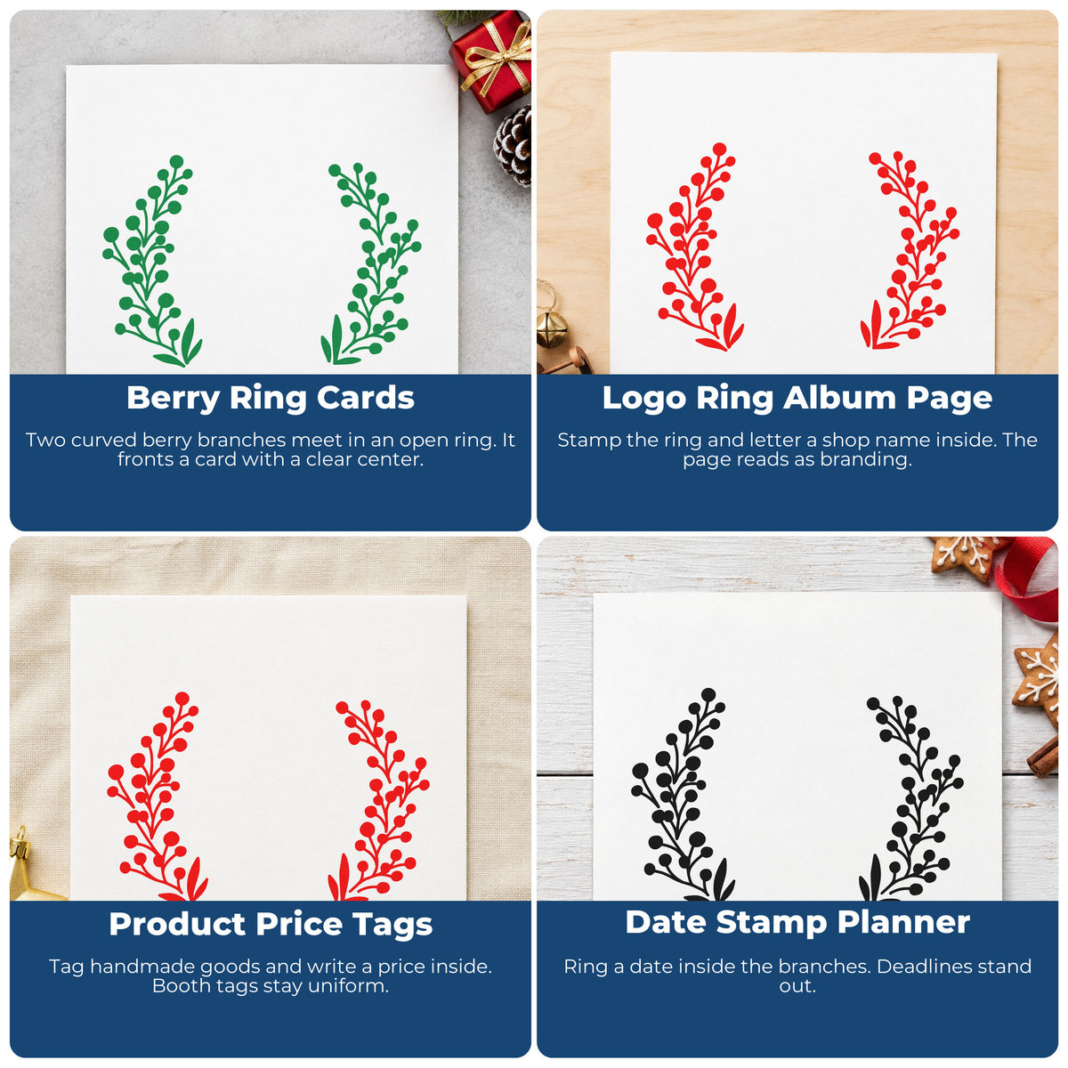 Four ways to use the Open Berry Branch Wreath PSI Pre-Inked Stamp: berry ring cards, logo ring album page, product price tags and date stamp planner.
