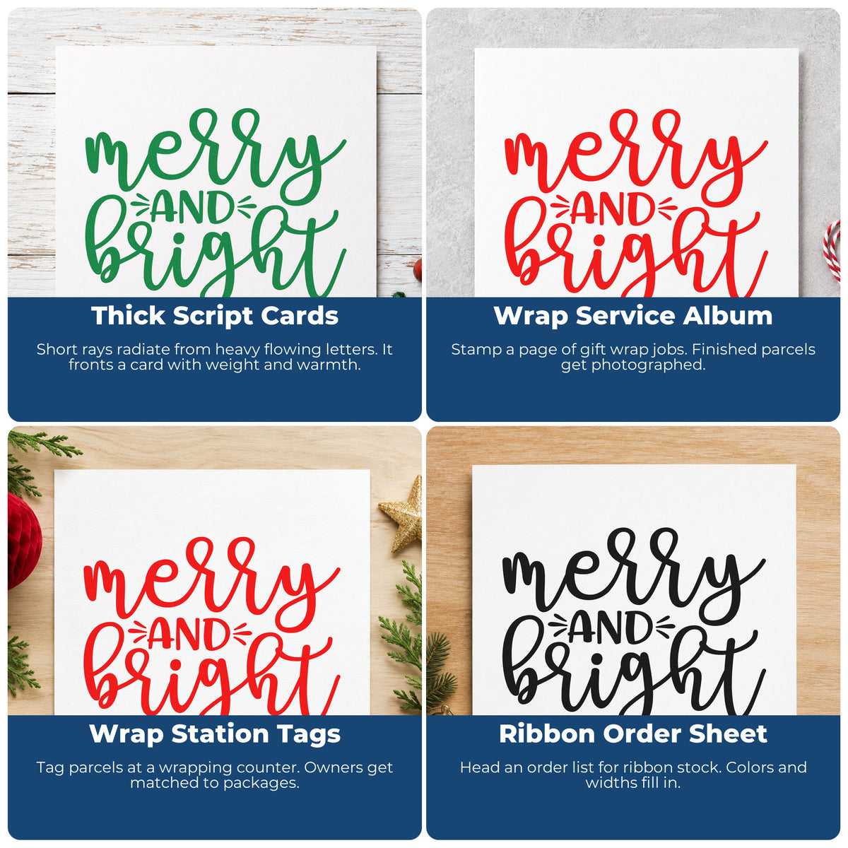 Four ways to use the Merry And Bright Slim Pre-Inked Stamp: thick script cards, wrap service album, wrap station tags and ribbon order sheet.