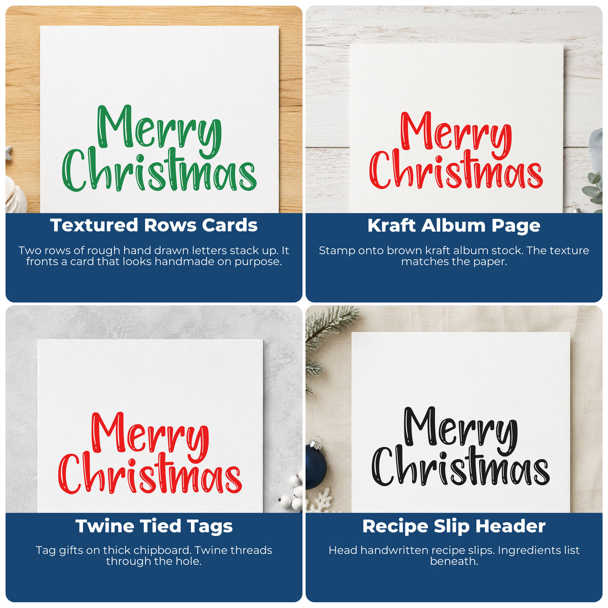 Four ways to use the Merry Christmas Textured Letters Lettering Rubber Stamp – Duo Hand: textured rows cards, kraft album page, twine tied tags and recipe slip header.