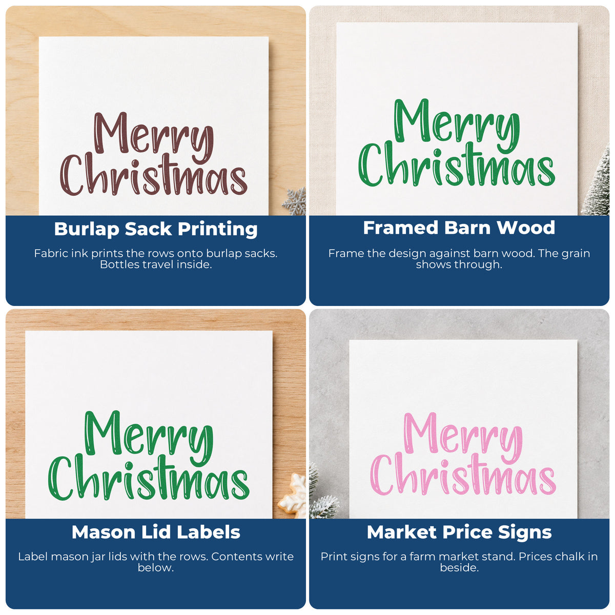 Four ways to use the Merry Christmas Textured Letters Lettering Rubber Stamp – Duo Hand: burlap sack printing, framed barn wood, mason lid labels and market price signs.