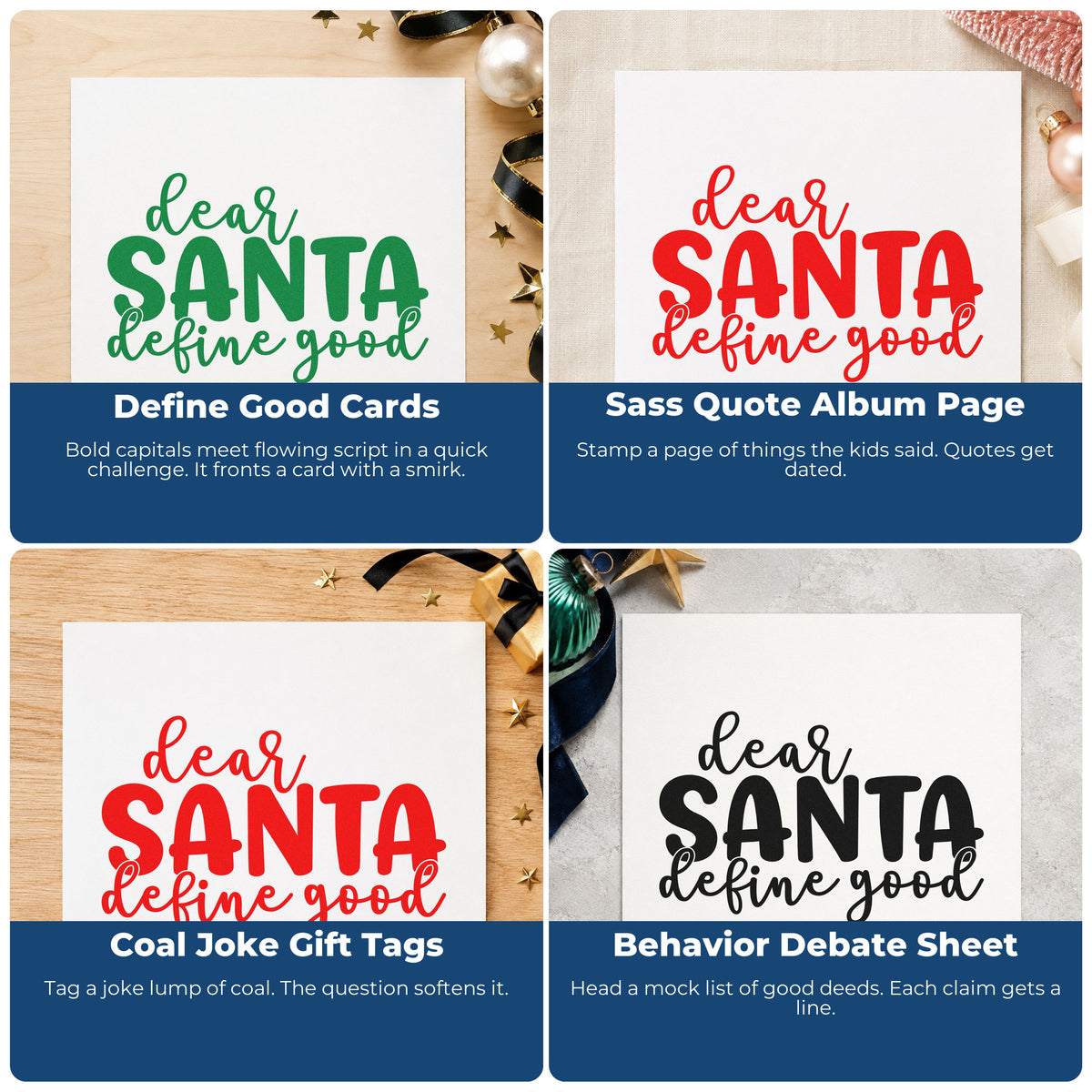 Four ways to use the Slim Pre-Inked Dear Santa Define Good Script Lettering Stamp: define good cards, sass quote album page, coal joke gift tags and behavior debate sheet.