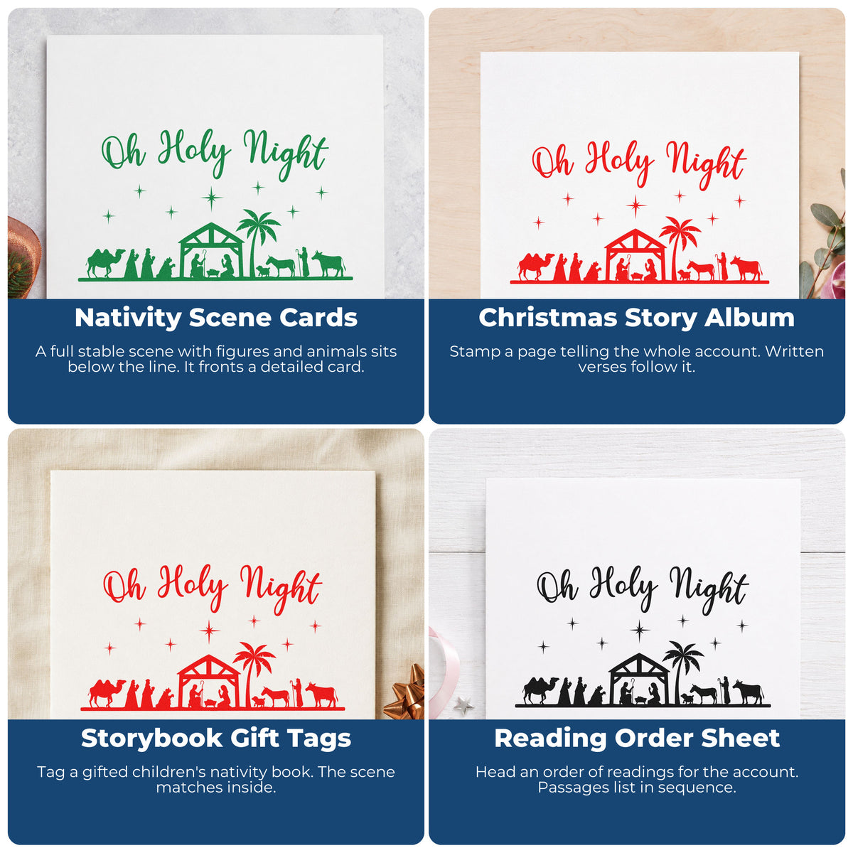 Four ways to use the Oh Holy Night Nativity Scene Hand Stamp – Duo: nativity scene cards, christmas story album, storybook gift tags and reading order sheet.