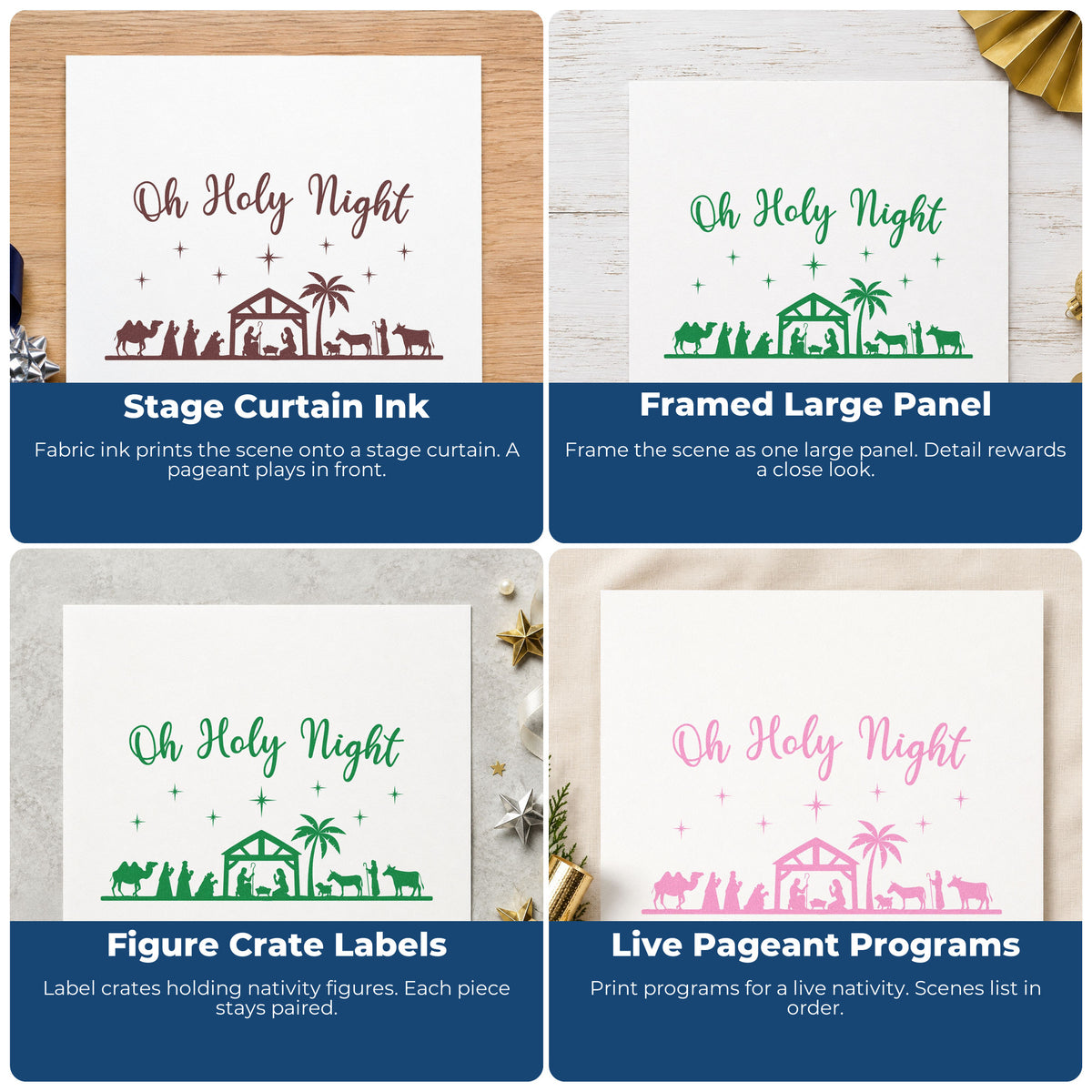 Four ways to use the Oh Holy Night Nativity Scene PSI Pre-Inked Stamp: stage curtain ink, framed large panel, figure crate labels and live pageant programs.