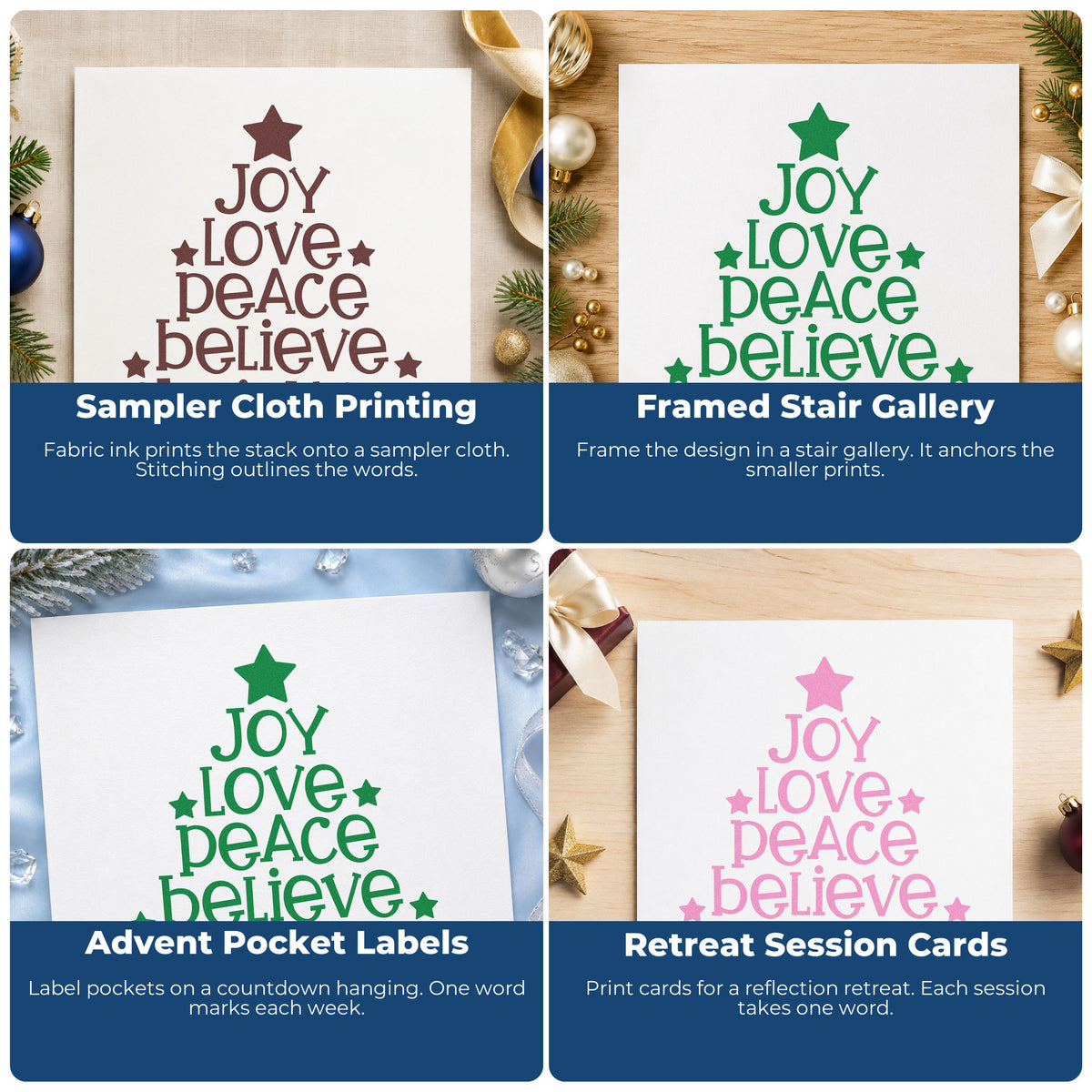 Four ways to use the Joy Love Peace Christmas Tree With Stars Pre-Inked Stamp – PSI: sampler cloth printing, framed stair gallery, advent pocket labels and retreat session cards.
