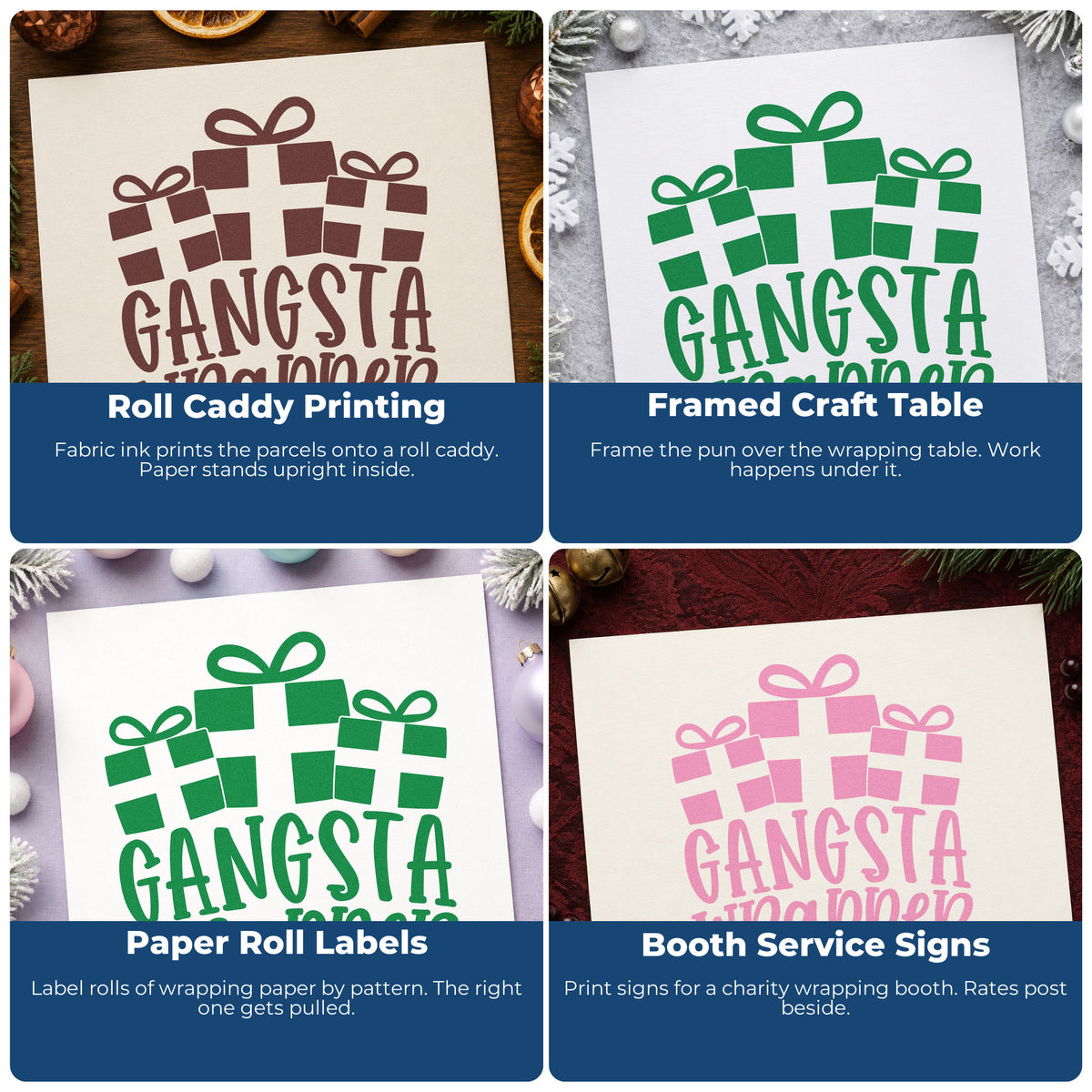 Four ways to use the Gangsta Wrapper Presents Gift Box Slim Pre-Inked Stamp: roll caddy printing, framed craft table, paper roll labels and booth service signs.